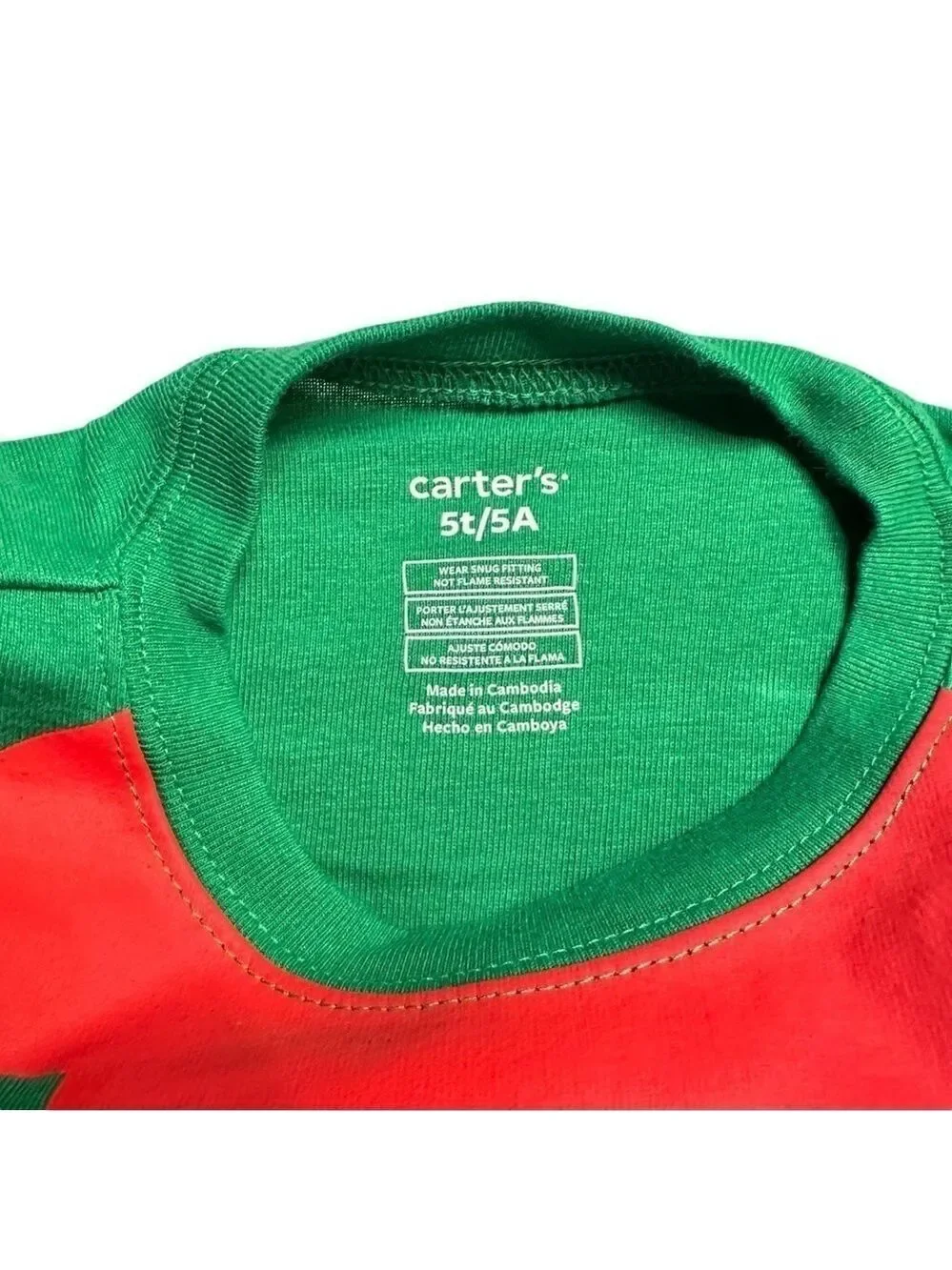 Carters Toddler Christmas Pajama Set 100% Cotton Green‎ & Red Unisex Size 5T